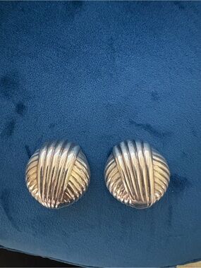 Silver Stamped Signed Ribbed Dome Clip Earrings